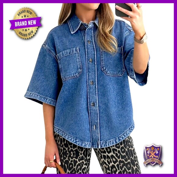 Denim Button Down Shirt Oversized Casual Chic Summer Lightweight Top